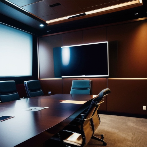 Professional boardroom with strategy documents and screens, no people